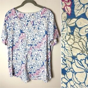 Emily Daniels Top Size Large Short Sleeves Bling Front Floral Stretch Blue White